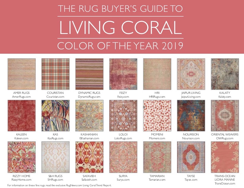 A variety of rugs that all display the Pantone’s Color of the Year, Living Coral